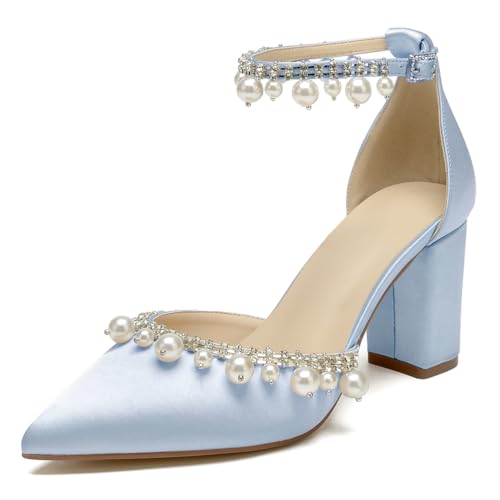 WeFloHsL Damen Blockabsatz Brautschuhe Perlen Satin Knöchelriemen Spitze Zehen Hochzeitsschuhe Party Abendschuhe,Light Blue,42 EU von WeFloHsL