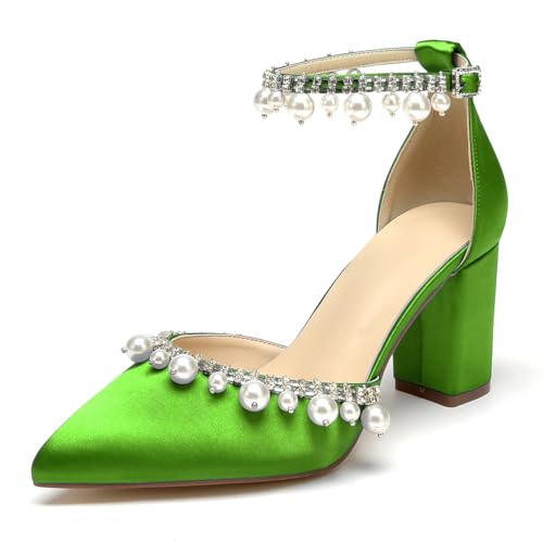 WeFloHsL Damen Blockabsatz Brautschuhe Perlen Satin Knöchelriemen Spitze Zehen Hochzeitsschuhe Party Abendschuhe,Lime,38 EU von WeFloHsL