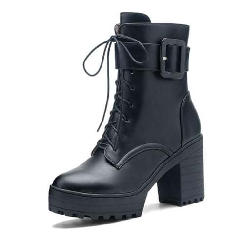 WeFloHsL Damen Blockabsatz Combat Stiefeletten Plateau Schnürstiefel Runder Zehen Punk Goth Kampfstiefel Mit Reißverschluss,Schwarz,41 EU von WeFloHsL