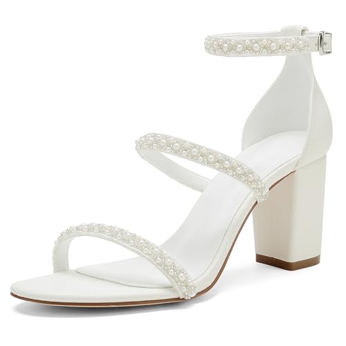 WeFloHsL Damen Blockabsatz Riemchensandalen Mit Perlen Offene Zehen Brautschuhe Abend Party Hochzeitsschuhe,Elfenbein,37 EU von WeFloHsL