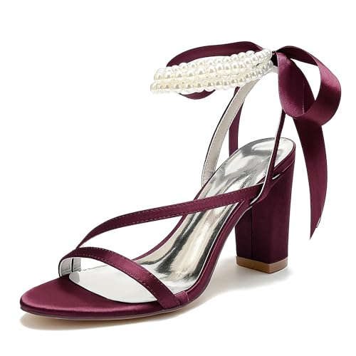 WeFloHsL Damen Brautsandalen Aus Perlen Satin Blockabsatz 8,5 Cm Knöchelriemen Offene Zehen Abend Hochzeitsschuhe 2022-50SS,Burgundy,41 EU von WeFloHsL