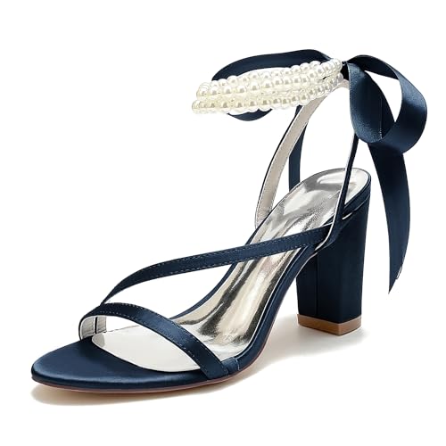 WeFloHsL Damen Brautsandalen Aus Perlen Satin Blockabsatz 8,5 Cm Knöchelriemen Offene Zehen Abend Hochzeitsschuhe 2022-50SS,Marine,36 EU von WeFloHsL