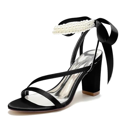 WeFloHsL Damen Brautsandalen Aus Perlen Satin Blockabsatz 8,5 Cm Knöchelriemen Offene Zehen Abend Hochzeitsschuhe 2022-50SS,Schwarz,36 EU von WeFloHsL