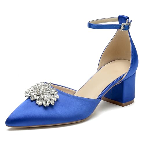WeFloHsL Damen Brautschuhe Mit Blockabsatz 5.5Cm Riemchenpumps Spitze Zehen Strass Party Brautschuhe,Blau,39 EU von WeFloHsL