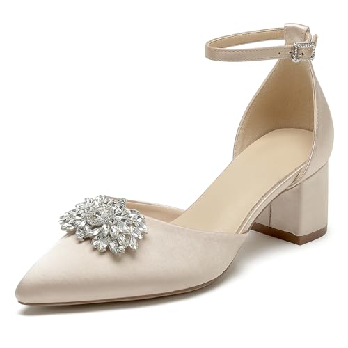 WeFloHsL Damen Brautschuhe Mit Blockabsatz 5.5Cm Riemchenpumps Spitze Zehen Strass Party Brautschuhe,Champagne,38 EU von WeFloHsL