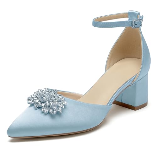 WeFloHsL Damen Brautschuhe Mit Blockabsatz 5.5Cm Riemchenpumps Spitze Zehen Strass Party Brautschuhe,Light Blue,38 EU von WeFloHsL