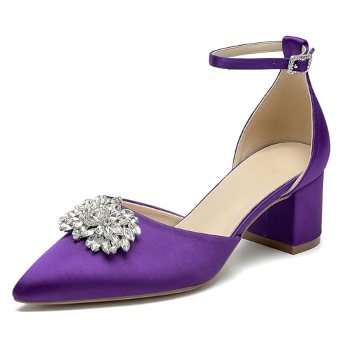 WeFloHsL Damen Brautschuhe Mit Blockabsatz 5.5Cm Riemchenpumps Spitze Zehen Strass Party Brautschuhe,Lila,38 EU von WeFloHsL