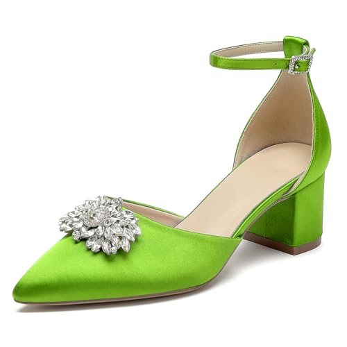 WeFloHsL Damen Brautschuhe Mit Blockabsatz 5.5Cm Riemchenpumps Spitze Zehen Strass Party Brautschuhe,Lime,37 EU von WeFloHsL