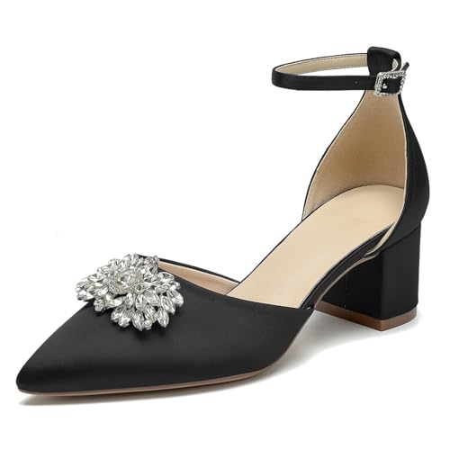 WeFloHsL Damen Brautschuhe Mit Blockabsatz 5.5Cm Riemchenpumps Spitze Zehen Strass Party Brautschuhe,Schwarz,43 EU von WeFloHsL