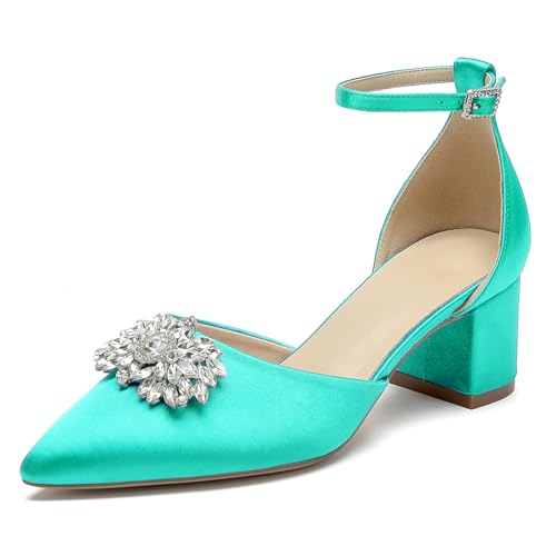 WeFloHsL Damen Brautschuhe Mit Blockabsatz 5.5Cm Riemchenpumps Spitze Zehen Strass Party Brautschuhe,Teal,38 EU von WeFloHsL