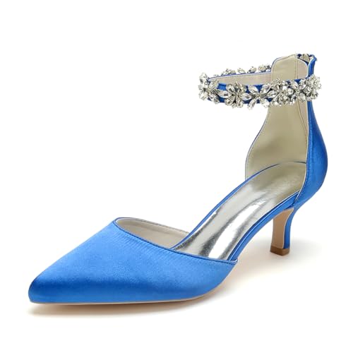 WeFloHsL Damen Brautschuhe Mit Kitten Absatz Knöchelriemen Pumps Spitze Zehen Strass Satin Hochzeits Party Schuhe 2102-03GLTA,Blau,38 EU von WeFloHsL