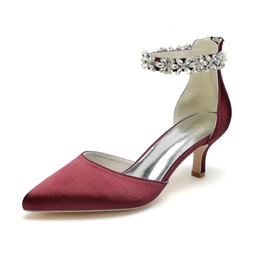 WeFloHsL Damen Brautschuhe Mit Kitten Absatz Knöchelriemen Pumps Spitze Zehen Strass Satin Hochzeits Party Schuhe 2102-03GLTA,Burgundy,38 EU von WeFloHsL