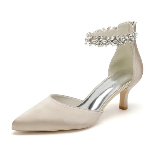 WeFloHsL Damen Brautschuhe Mit Kitten Absatz Knöchelriemen Pumps Spitze Zehen Strass Satin Hochzeits Party Schuhe 2102-03GLTA,Champagne,38 EU von WeFloHsL