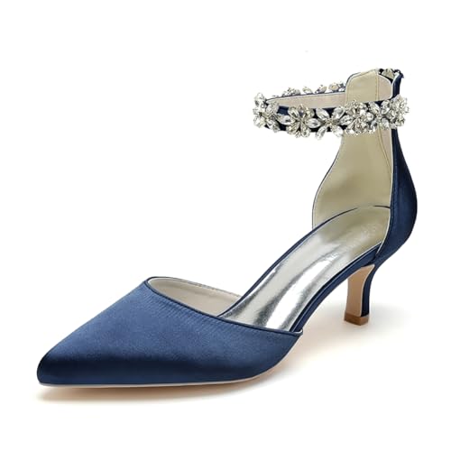 WeFloHsL Damen Brautschuhe Mit Kitten Absatz Knöchelriemen Pumps Spitze Zehen Strass Satin Hochzeits Party Schuhe 2102-03GLTA,Marine,36 EU von WeFloHsL