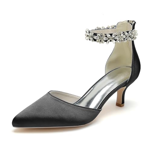 WeFloHsL Damen Brautschuhe Mit Kitten Absatz Knöchelriemen Pumps Spitze Zehen Strass Satin Hochzeits Party Schuhe 2102-03GLTA,Schwarz,36 EU von WeFloHsL