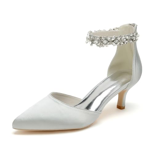 WeFloHsL Damen Brautschuhe Mit Kitten Absatz Knöchelriemen Pumps Spitze Zehen Strass Satin Hochzeits Party Schuhe 2102-03GLTA,Silber,36 EU von WeFloHsL