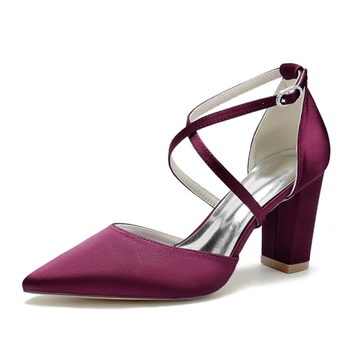 WeFloHsL Damen Brautschuhe Satin Riemchenpumps Blockabsatz Spitzer Zehen Party Hochzeitsschuhe 22014-59,Burgundy,36 EU von WeFloHsL