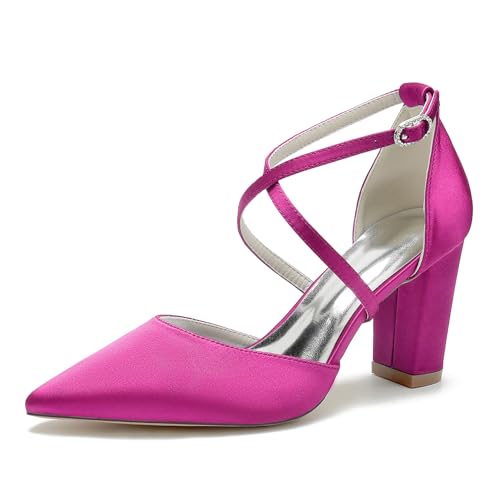 WeFloHsL Damen Brautschuhe Satin Riemchenpumps Blockabsatz Spitzer Zehen Party Hochzeitsschuhe 22014-59,Fuchsia,40 EU von WeFloHsL