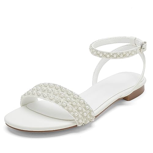 WeFloHsL Damen Flache Brautsandalen Mit Perlen Knöchelriemen Offene Zehen Hochzeitskleid Brautjungfernschuhe,Elfenbein,40 EU von WeFloHsL