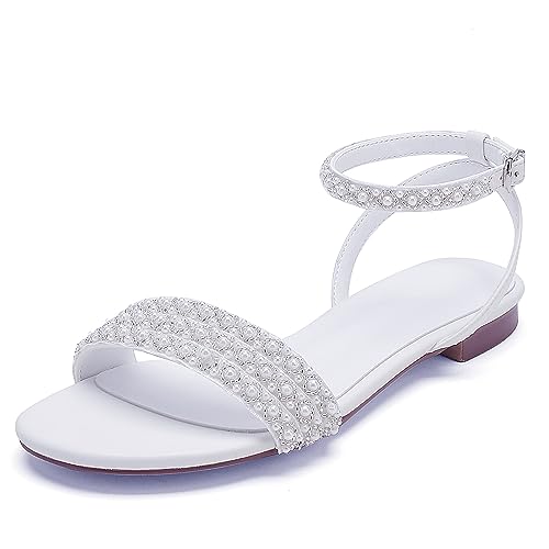 WeFloHsL Damen Flache Brautsandalen Mit Perlen Knöchelriemen Offene Zehen Hochzeitskleid Brautjungfernschuhe,Weiß,42 EU von WeFloHsL