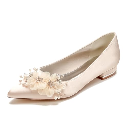 WeFloHsL Damen Flache Hochzeits Brautschuhe Blume Satin Ballerinas Spitzer Zehen Braut Abendschuhe 18447-1S,Champagne,40 EU von WeFloHsL