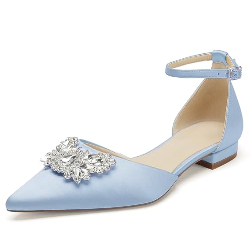 WeFloHsL Damen Flache Hochzeitsschuhe Ballerinas Mit Strass Knöchelriemen Satin Geschlossene Zehen Party Braut Abendschuhe,Light Blue,41 EU von WeFloHsL