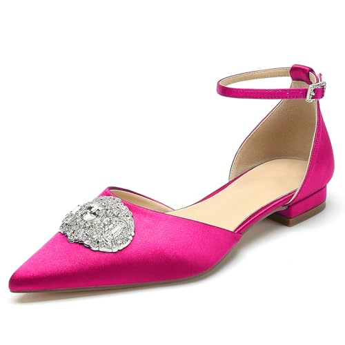 WeFloHsL Damen Flache Hochzeitsschuhe Satin Ballerinas Knöchelriemen Spitzer Zehen Strass Party Brautschuhe,Fuchsia,39 EU von WeFloHsL