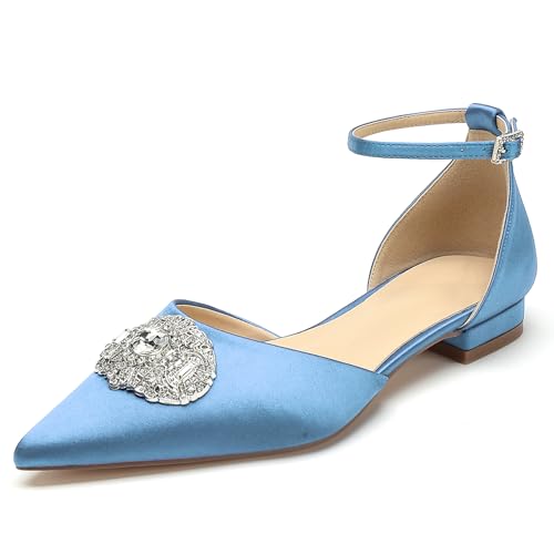 WeFloHsL Damen Flache Hochzeitsschuhe Satin Ballerinas Knöchelriemen Spitzer Zehen Strass Party Brautschuhe,Light Blue,38 EU von WeFloHsL