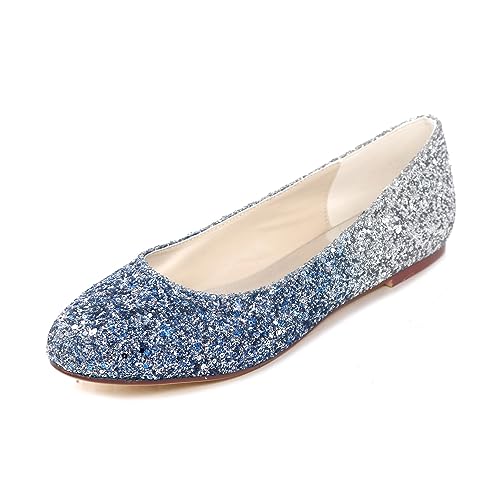 WeFloHsL Damen Glitzer Hochzeit Brautschuhe Flache Ballerinas Geschlossene Zehen Brautjungfernschuhe 9872-44,Blau,44 EU von WeFloHsL