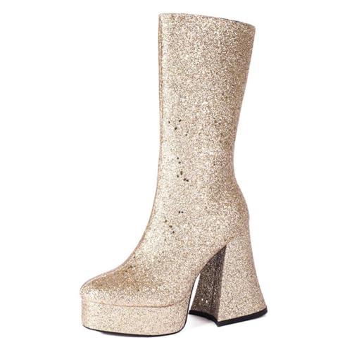 WeFloHsL Damen Glitzer Plateau Halbschaft Stiefel Mit Blockabsatz Quadratische Zehen Arbeits Hochzeitsstiefel Mit Reißverschluss,Gold,39 EU von WeFloHsL