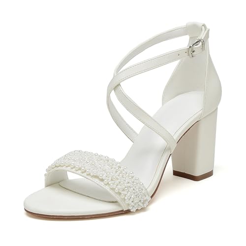WeFloHsL Damen Hochzeitssandalen Mit Blockabsatz Riemchen Perlen Offene Zehen Kleid Brautjungfer Brautschuhe,Elfenbein,43 EU von WeFloHsL