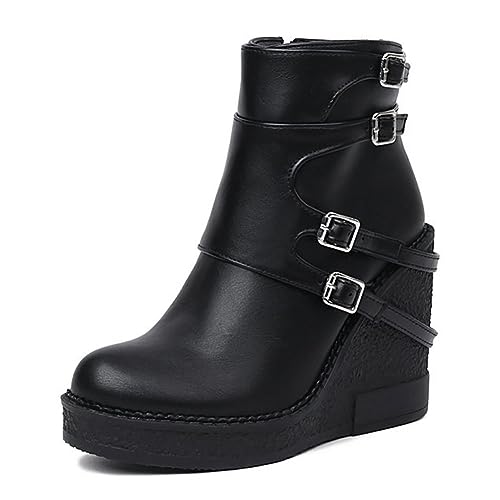 WeFloHsL Damen Keilabsatz High Heels Stiefeletten Plateau Gothic Punk Knöchelstiefel Runder Zehen Schnalle Combat Biker Partystiefel,Black pu,44 EU von WeFloHsL