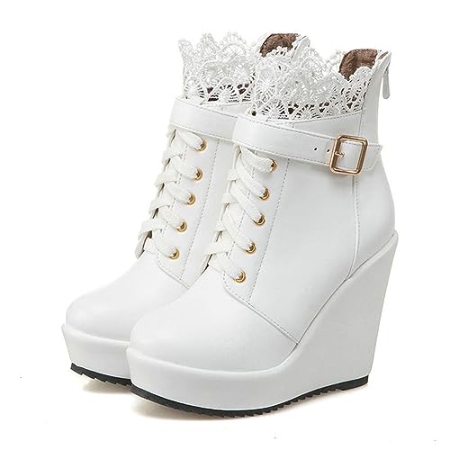 WeFloHsL Damen Keilabsatz Stiefeletten Plateau Spitze Schnürstiefel Gothic Punk Runder Zehen Schnalle Combat Biker Partystiefel,Weiß,41 EU von WeFloHsL