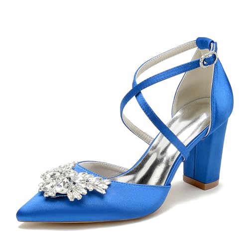 WeFloHsL Damen Knöchelriemen Hochzeitspumps Blockabsatz Satin Strass Spitze Zehen Party Brautschuhe 22014-59F,Blau,43 EU von WeFloHsL