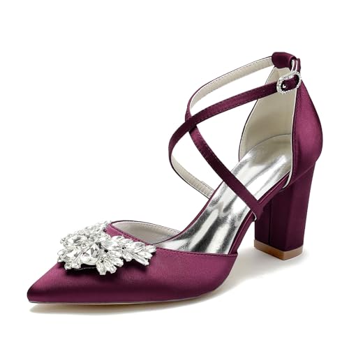 WeFloHsL Damen Knöchelriemen Hochzeitspumps Blockabsatz Satin Strass Spitze Zehen Party Brautschuhe 22014-59F,Burgundy,41 EU von WeFloHsL