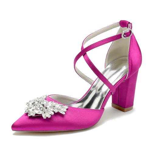 WeFloHsL Damen Knöchelriemen Hochzeitspumps Blockabsatz Satin Strass Spitze Zehen Party Brautschuhe 22014-59F,Fuchsia,37 EU von WeFloHsL