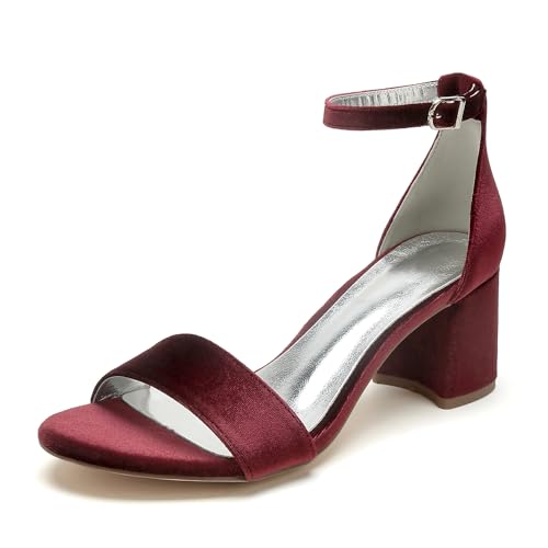 WeFloHsL Damen Knöchelriemen Sandalen Mit Niedrigem Blockabsatz Samt Offene Zehen Hochzeitskleid Party Schuhe 858-5K,Burgundy,39 EU von WeFloHsL