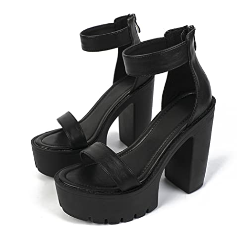 WeFloHsL Damen Knöchelriemen Sandalen Mit Plateau Blockabsatz Offener Zehen Goth Party Sandalen Mit Reißverschluss,Schwarz,38 EU von WeFloHsL