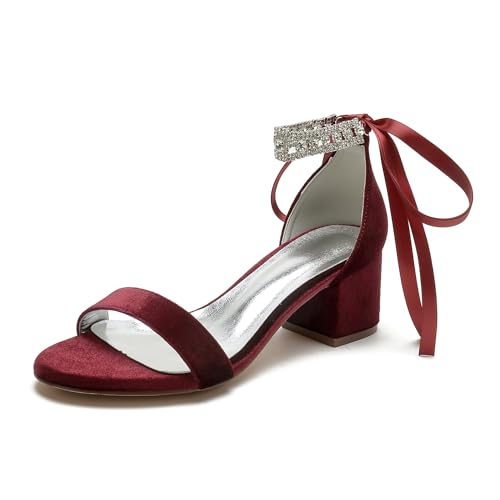 WeFloHsL Damen Knöchelriemen Strass Samtniedriger Blockabsatz Sandalen 702-29K,Burgundy,36 EU von WeFloHsL