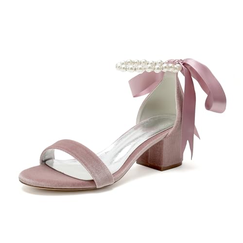 WeFloHsL Damen Mittlerem Blockabsatz Sandalen Samt Perlen Knöchelriemen Schleife Offener Zehen Hochzeits Partyschuhe 702-7K,Rosa,43 EU von WeFloHsL