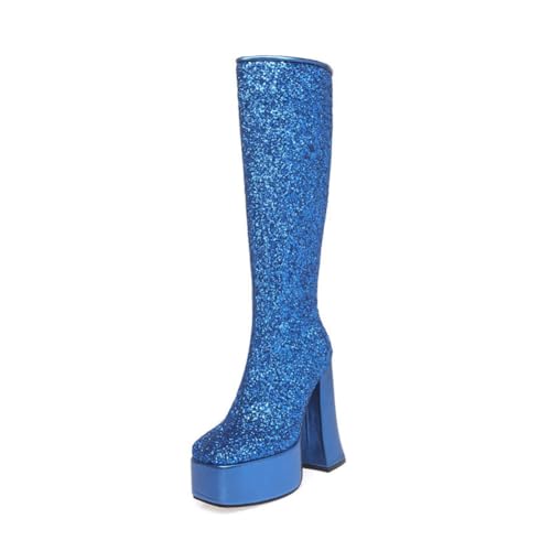 WeFloHsL Damen Quadratischer Zehen Glitzer Kniehohe Stiefel Blockabsatz 14Cm,Blau,37 EU von WeFloHsL