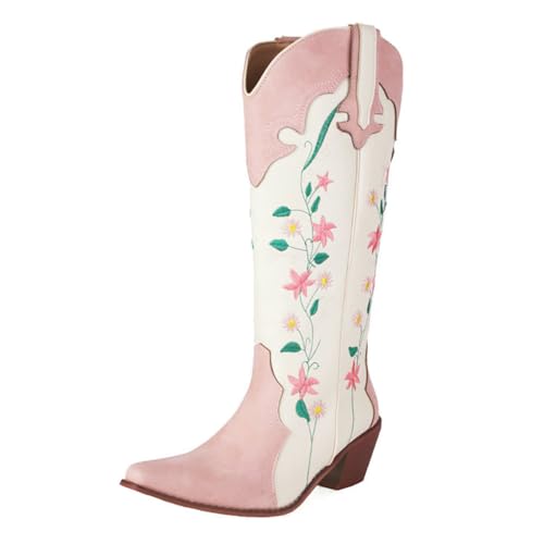 WeFloHsL Damen Retro Cowboystiefel Bestickte Blumen Quadratische Zehen Blockabsatz Kniehohe Winter Westernstiefel,Rosa,38 EU von WeFloHsL