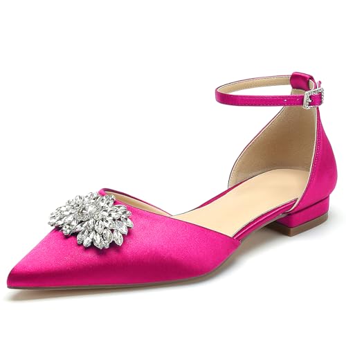 WeFloHsL Damen Riemen Ballerinas Brautschuhe Flache Strass Satin Spitze Zehen Party Hochzeitsschuhe,Fuchsia,42 EU von WeFloHsL