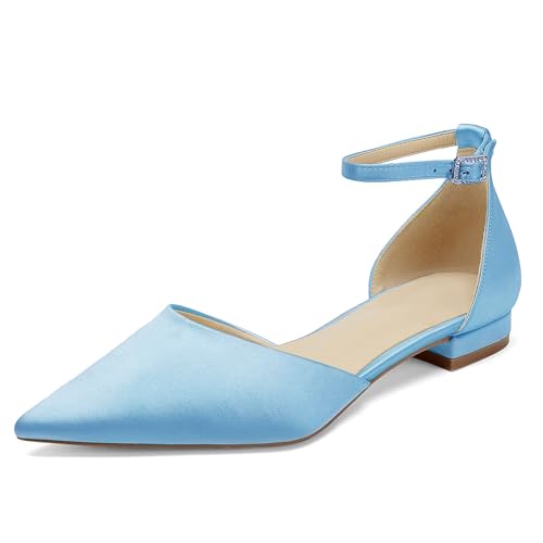 WeFloHsL Damen Riemen Ballerinas Satin Geschlossene Zehen Flache Brautschuhe Hochzeitsschuhe,Light Blue,37 EU von WeFloHsL