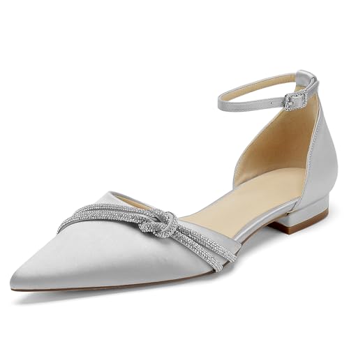 WeFloHsL Damen Riemen Hochzeit Ballerinas Satin Spitze Zehen Flach Brautschuhe,Silber,42 EU WeFloHsL Damen Riemen Hochzeit Ballerinas Satin Spitze Zehen Flach Brautschuhe,Silber,42 EU von WeFloHsL