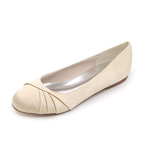 WeFloHsL Damen Runde Zehen Ballerinas Flache Brautschuhe Satin Plissee Party Hochzeitsschuhe 9872-10,Champagne,38 EU von WeFloHsL