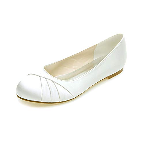 WeFloHsL Damen Runde Zehen Ballerinas Flache Brautschuhe Satin Plissee Party Hochzeitsschuhe 9872-10,Elfenbein,38 EU von WeFloHsL
