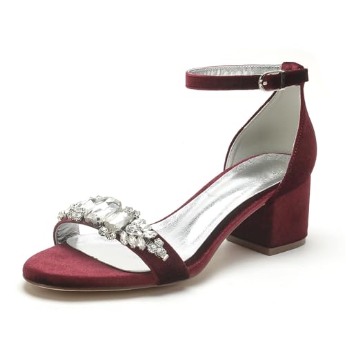 WeFloHsL Damen Sandalen Mit Niedrigem Blockabsatz Samt Strass Offene Zehen Knöchelriemen Party Hochzeit Abendschuhe 702-6K,Burgundy,39 EU von WeFloHsL