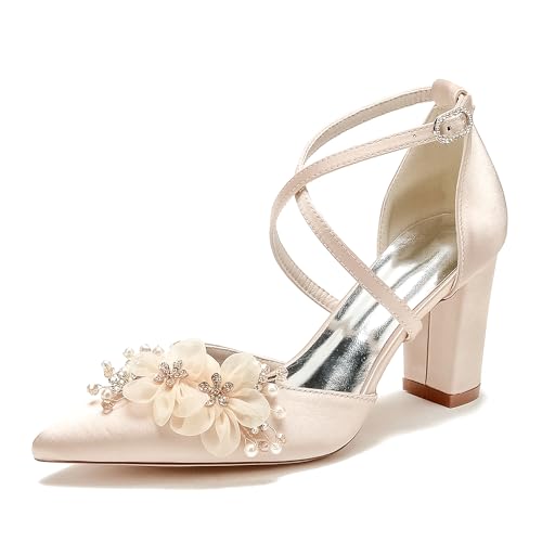 WeFloHsL Damen Satin Blumen Brautschuhe Blockabsatz Knöchelriemen Pumps Spitz Zehen Party Hochzeitsschuhe 22014-59S,Champagne,37 EU von WeFloHsL