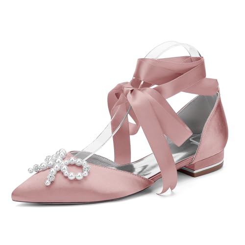 WeFloHsL Damen Satin Brautschuhe Flach Schnürung Ballerinas Perlen Spitze Zehen Hochzeitsschuhe Brautjungfer Abendschuhe 18448-15HS,Blush,39 EU von WeFloHsL